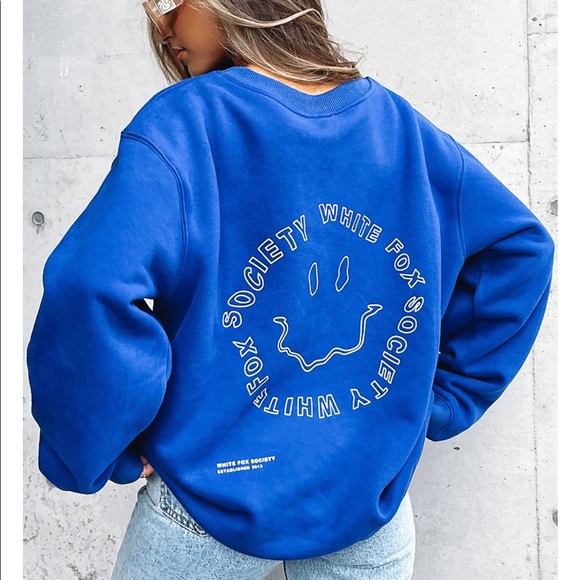 White Fox Boutique Electric Blue Smiley Face Crewneck Sweatshirt - Picture 2 of 7